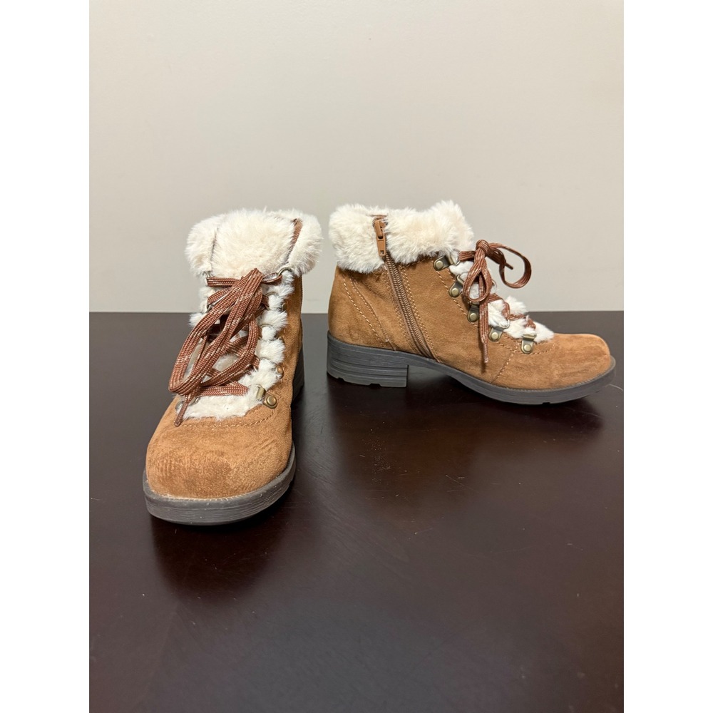 Earth Origins Remi Ankle Boots Brown Suede Women 7.5 Faux Fur Trim Lace Up Comfy